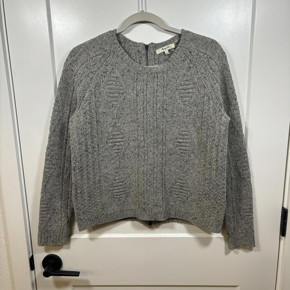 Madewell 100% Merino Wool Sweater Gray Grey Size S Chinky Knit Zip Back Cozy